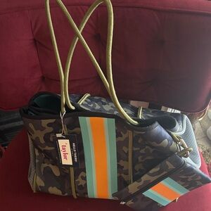Taylor Camouflage Tote with Orange and Aqua Stripes